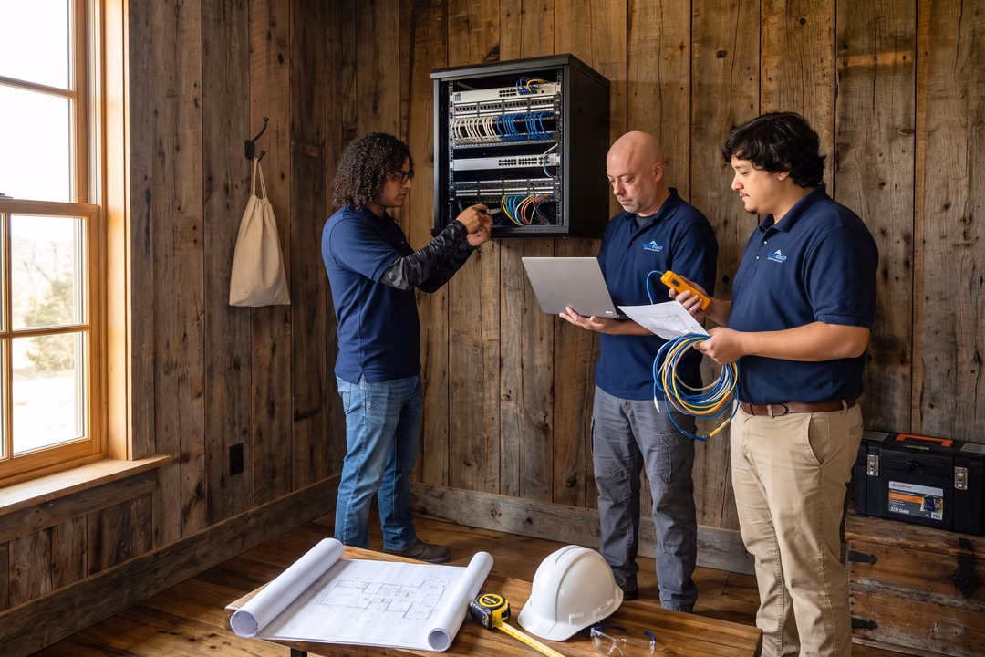 IT technicians installing and configuring a network server rack with ethernet cables, blueprints, and diagnostic tools