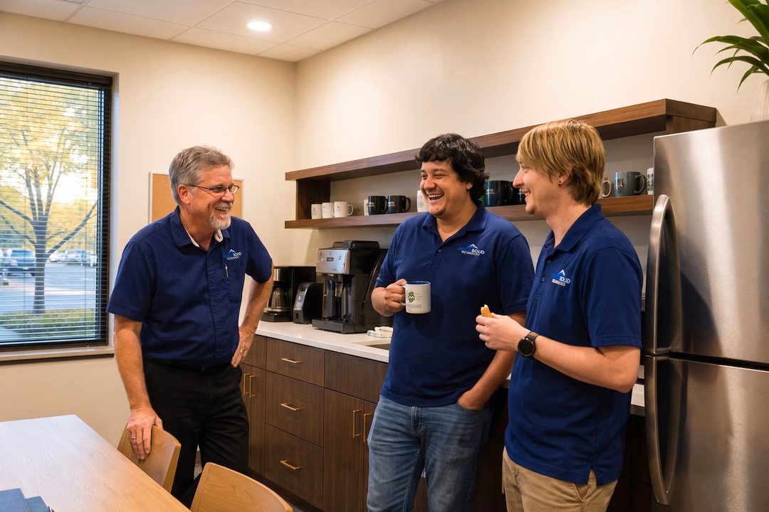 Rock Solid Technology Solutions IT team members laughing and chatting in office break room with coffee mugs