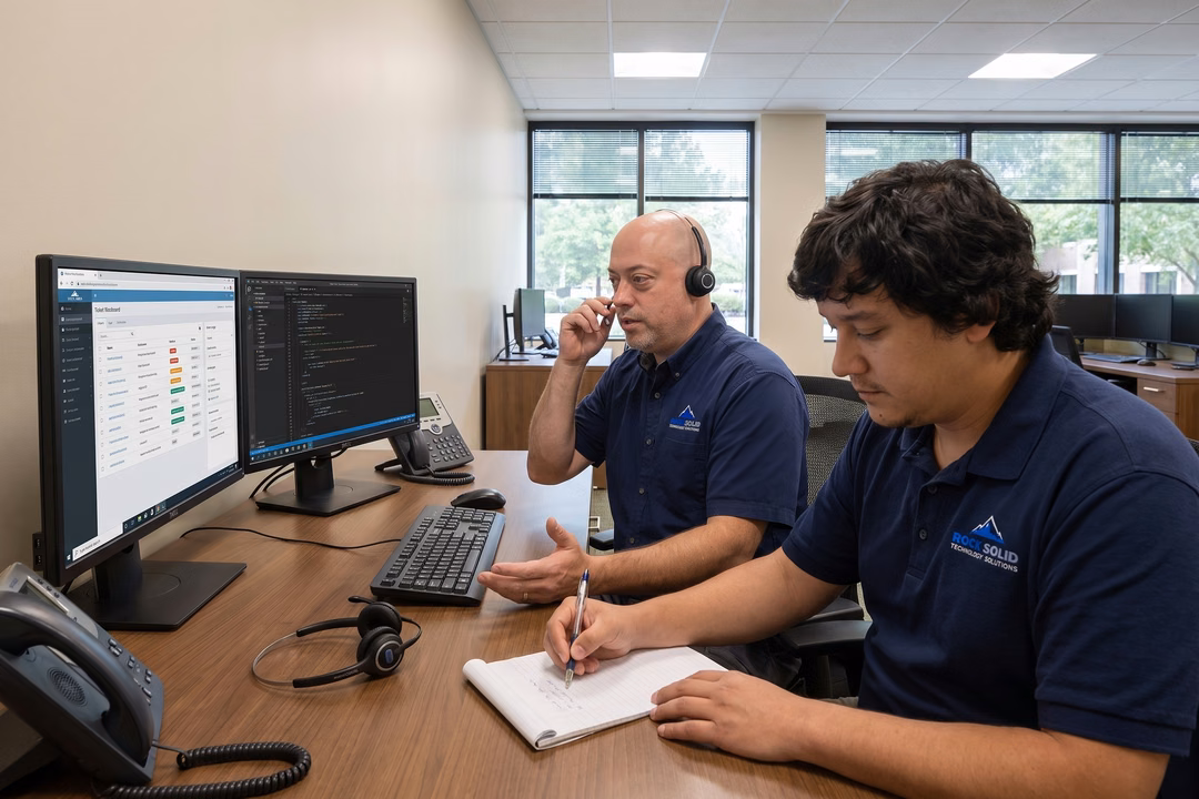Two IT technicians in branded polos reviewing accounting software dashboards on dual monitors in an office