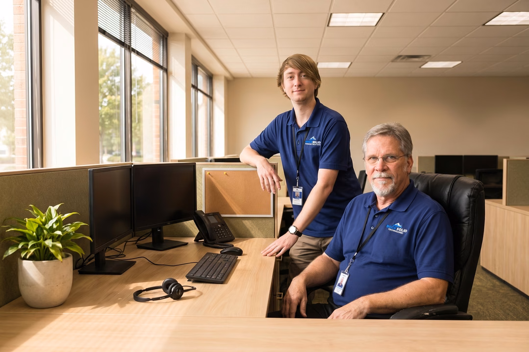 Two Rock Solid Technology Solutions IT professionals working together at a modern office workstation with dual monitors