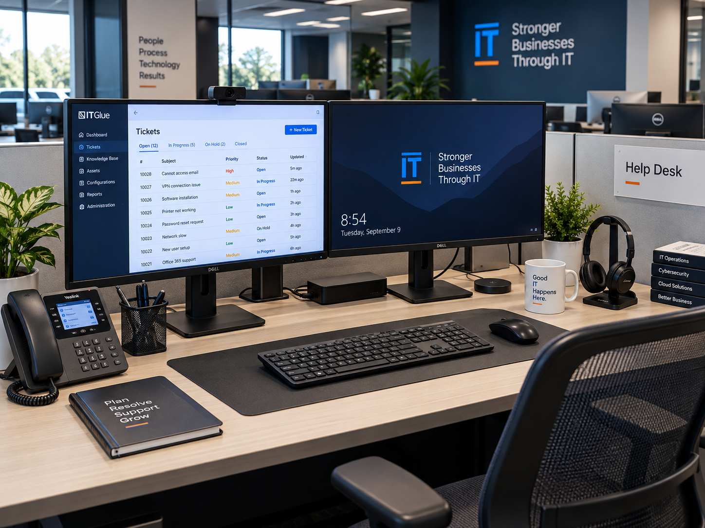 Three IT help desk technicians in matching uniforms answering calls and logging support tickets at a shared desk