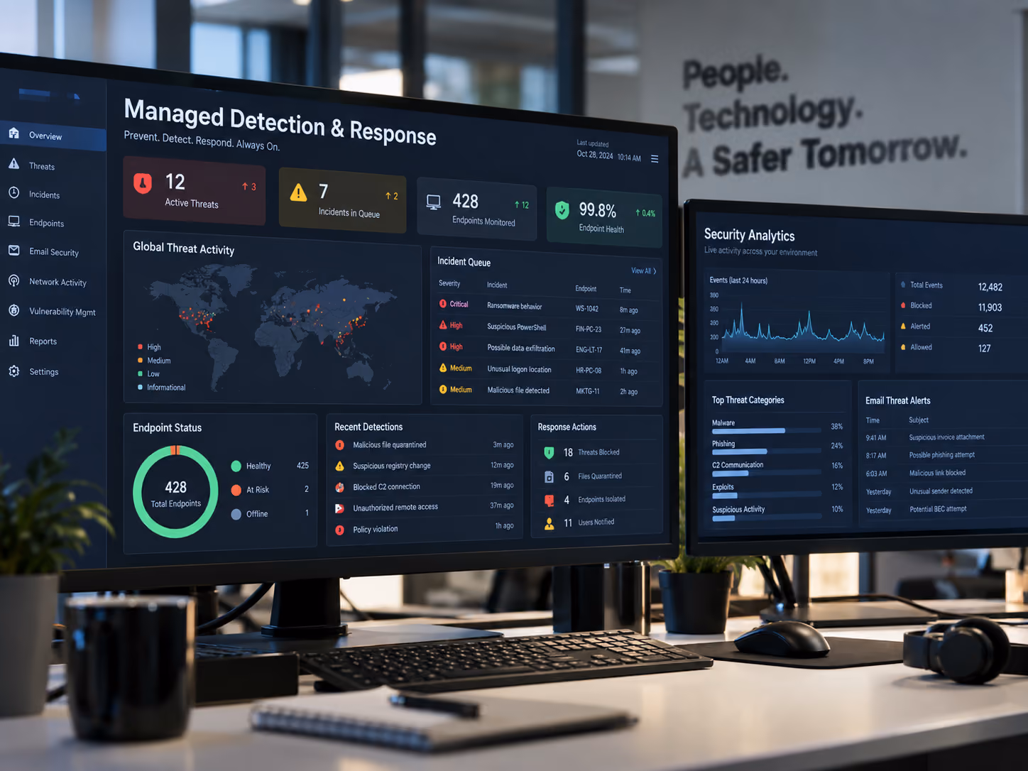 IT support team monitoring cybersecurity dashboards, with technician on phone and colleague using headset in office