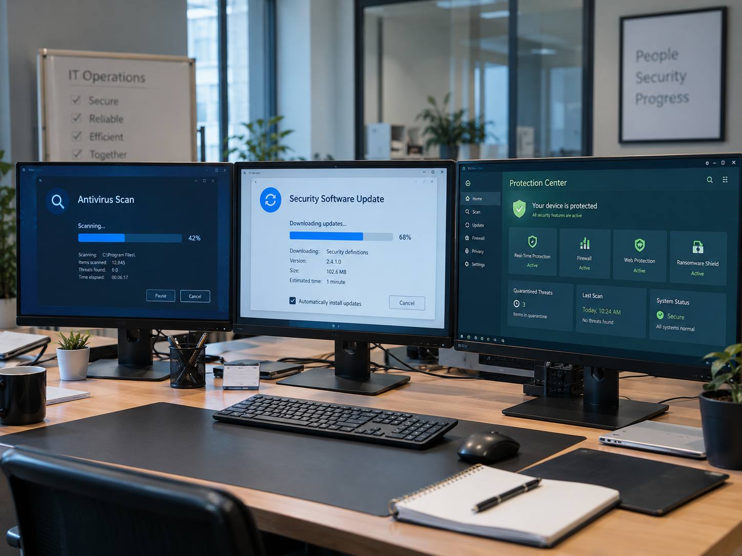 Rock Solid Technology cybersecurity team collaborating at a workstation in a modern Thousand Oaks office