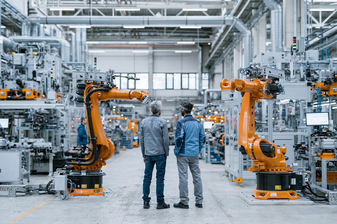 Manufacturing team reviewing IT data on tablet at industrial assembly line with monitoring systems in background