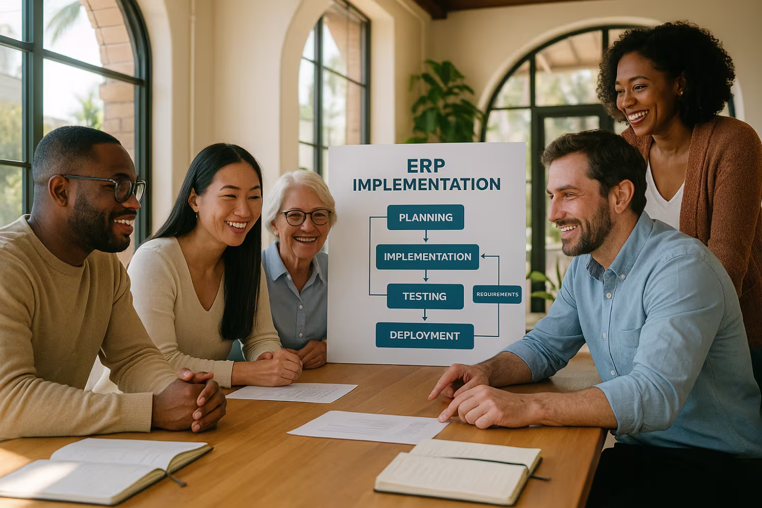 Diverse team discussing ERP implementation