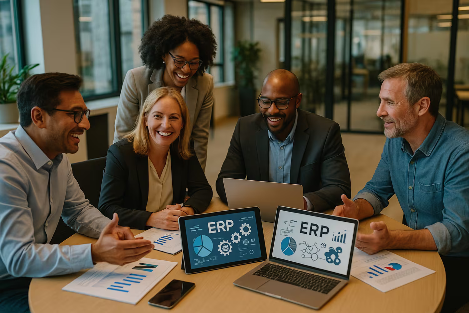 Diverse team discussing ERP implementation