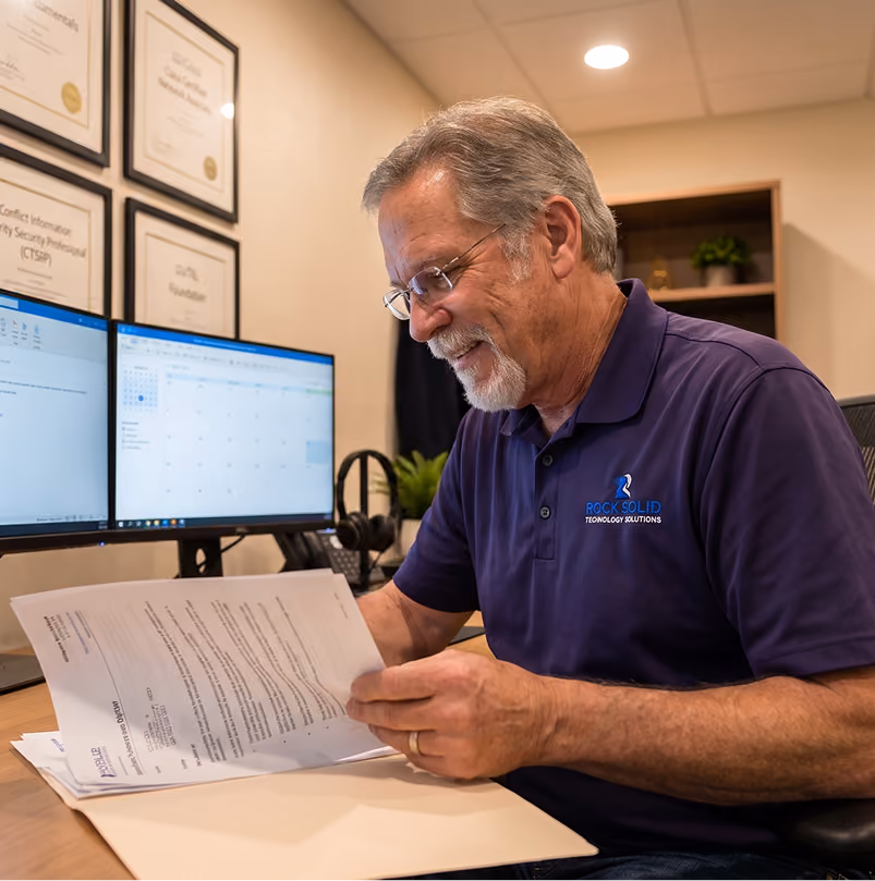 Rock Solid Technology Solutions IT professional seated at desk with computers and framed certifications in modern office