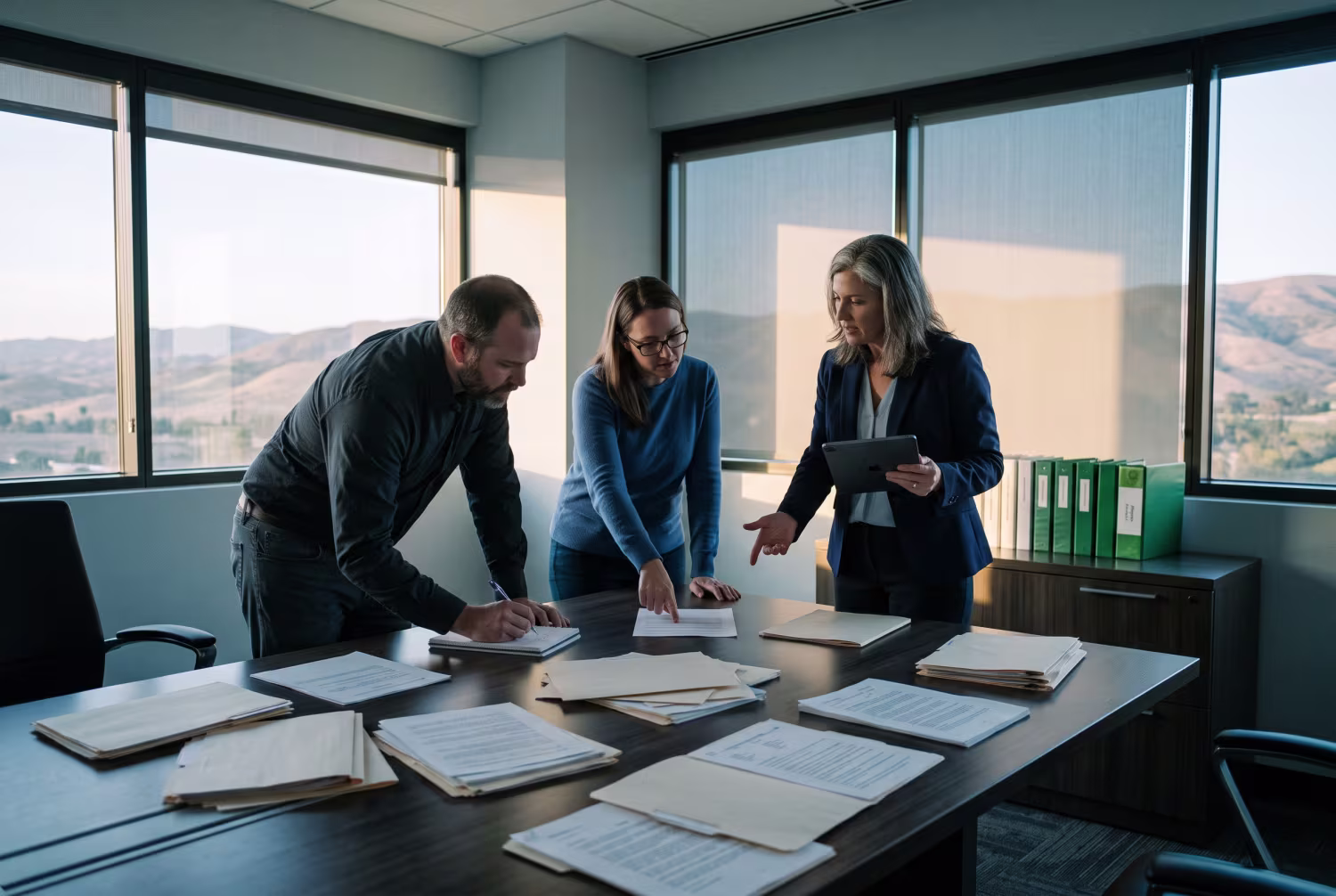 IT professionals discussing documents in morning-lit office