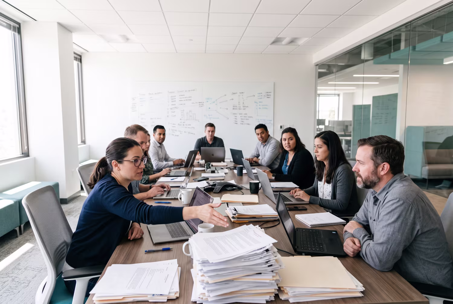 IT consultants discussing SharePoint document management around cluttered conference table