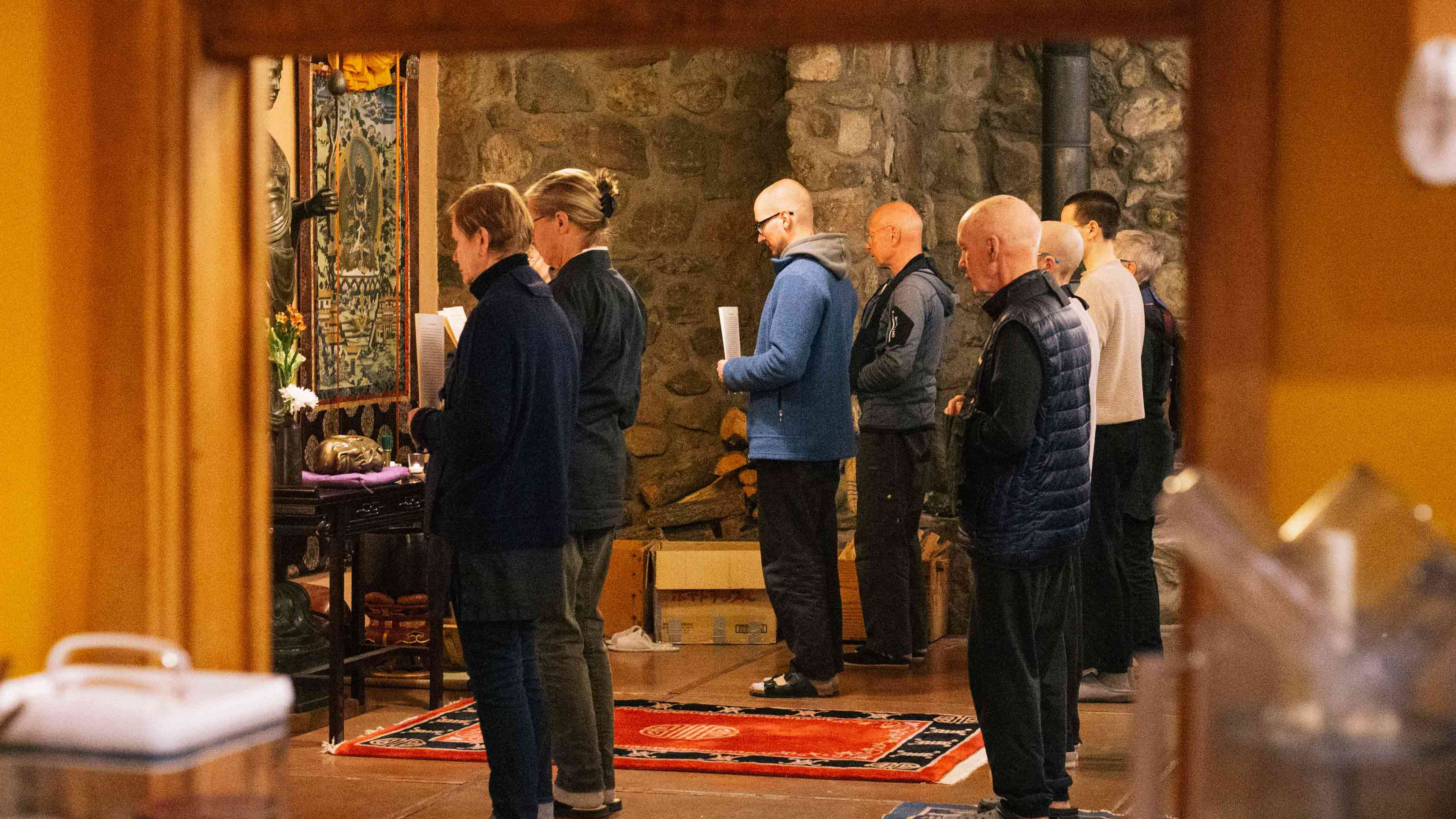 Formal Zen meal service, bowls and utensils laid out for practitioners