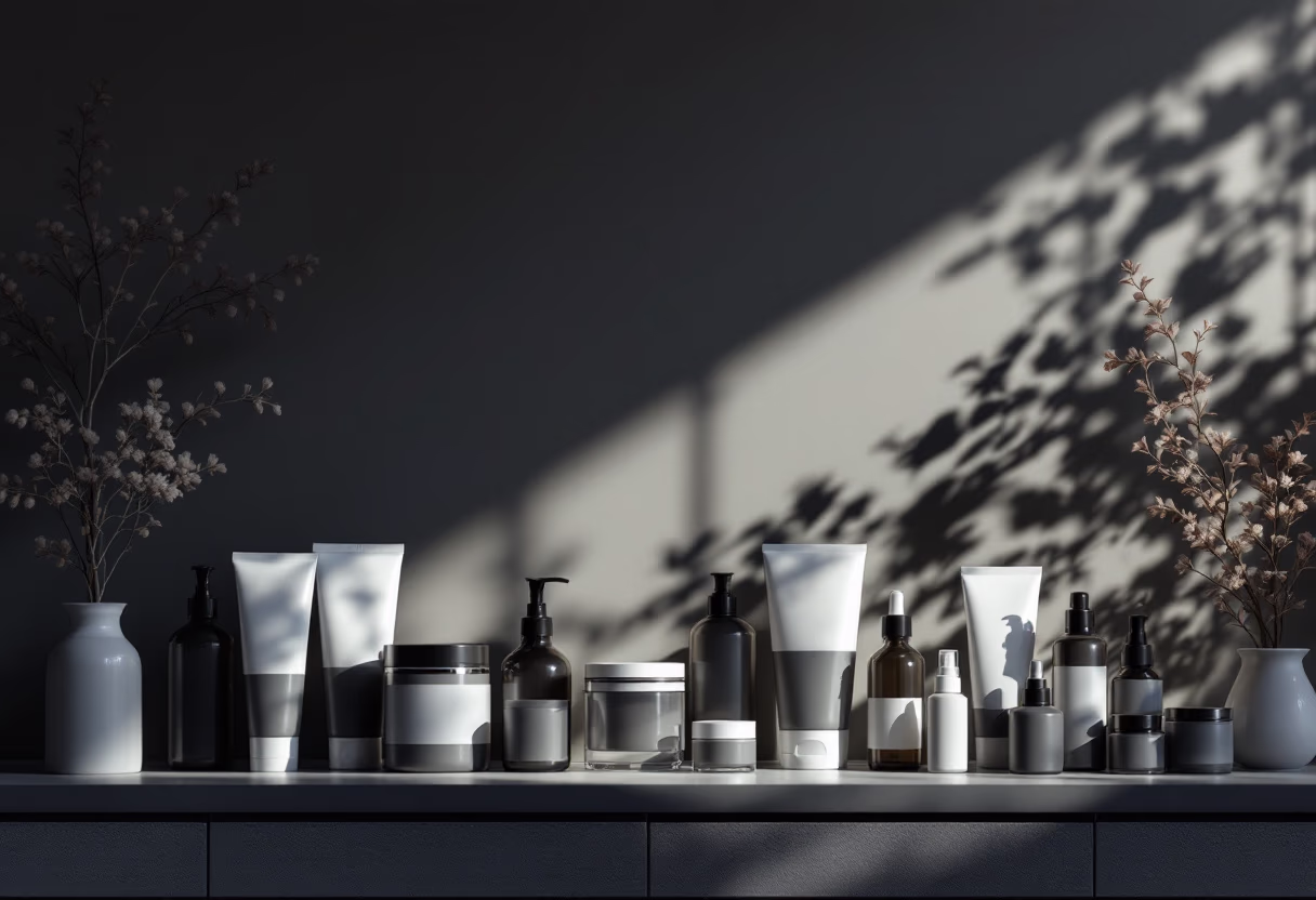 [background image] retail setting with neatly arranged products (for a pharmacy)