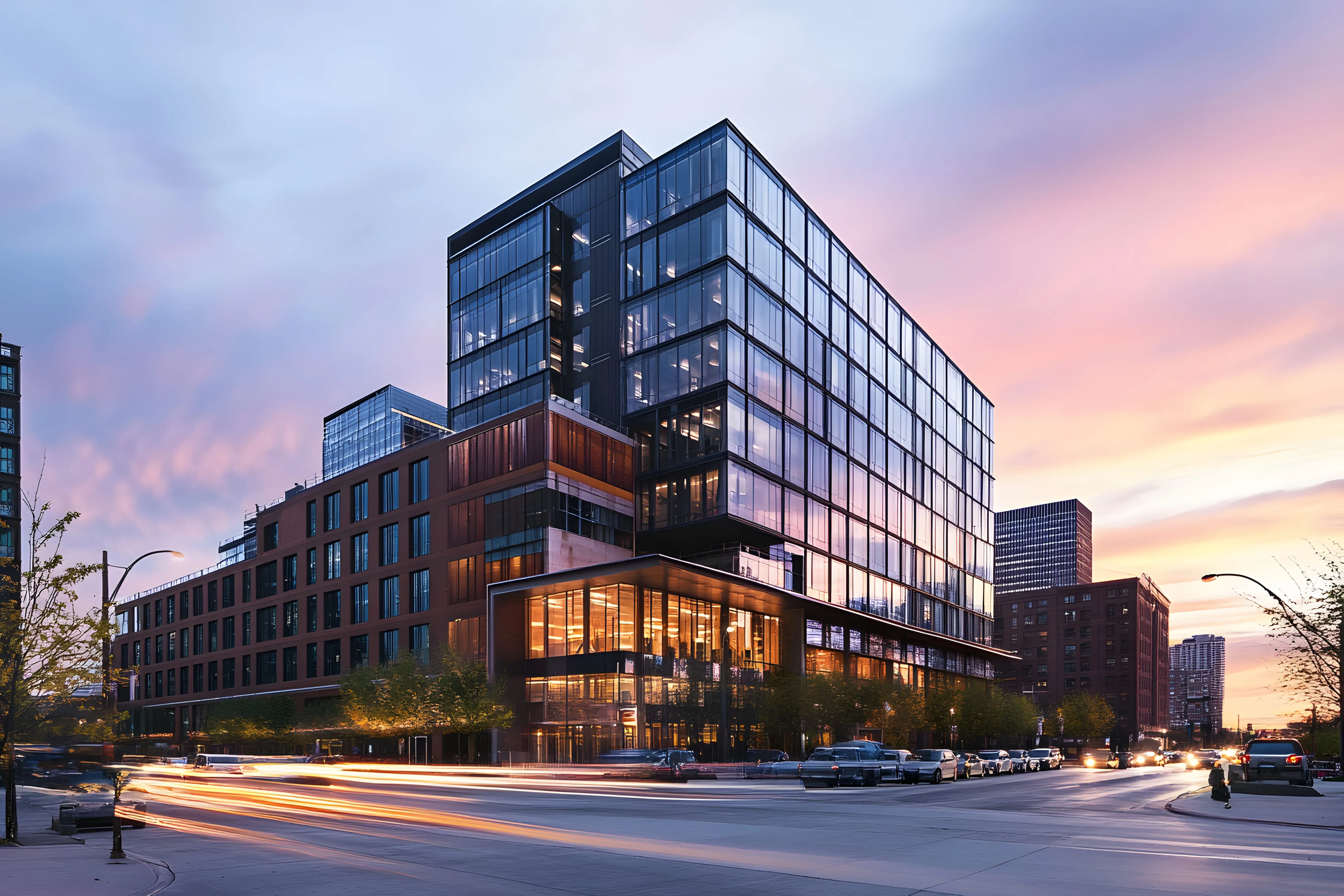 Modern glass and brick building at dusk with light trails from passing cars on the street.