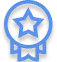 Blue badge icon with a star in the center and ribbon tails at the bottom.