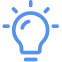 Blue light bulb icon with circular rays representing an idea or innovation.