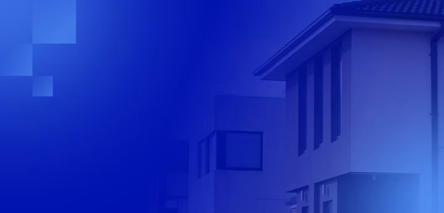 Faint image of modern houses partially obscured by blue gradient overlay with square patterns.