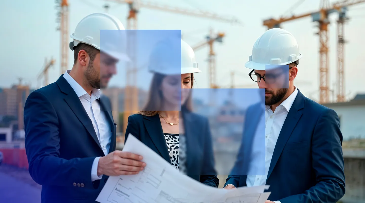 Three engineers in suits and white helmets reviewing blueprints at a construction site with cranes.