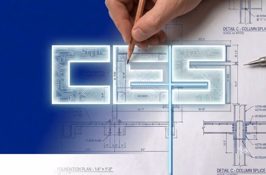 Hand holding pencil over digital blueprint with glowing CES letters in circuitry style.