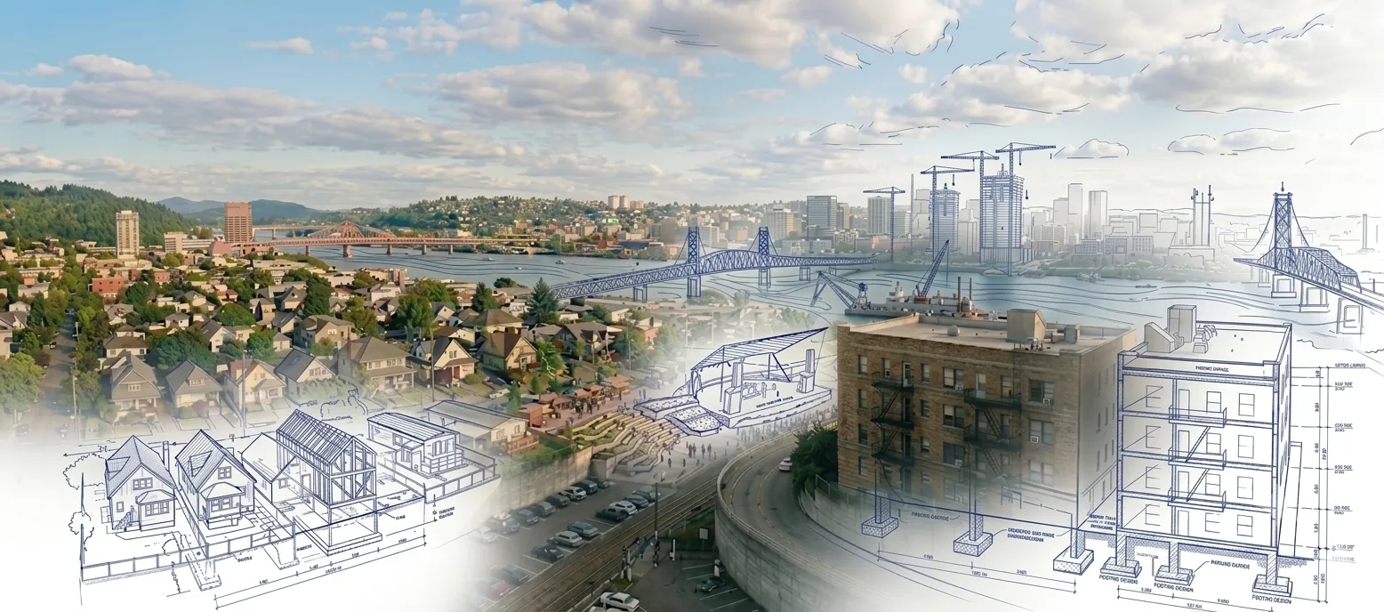 Cityscape with river, bridges, houses, and overlaid architectural blueprints of buildings and structures.