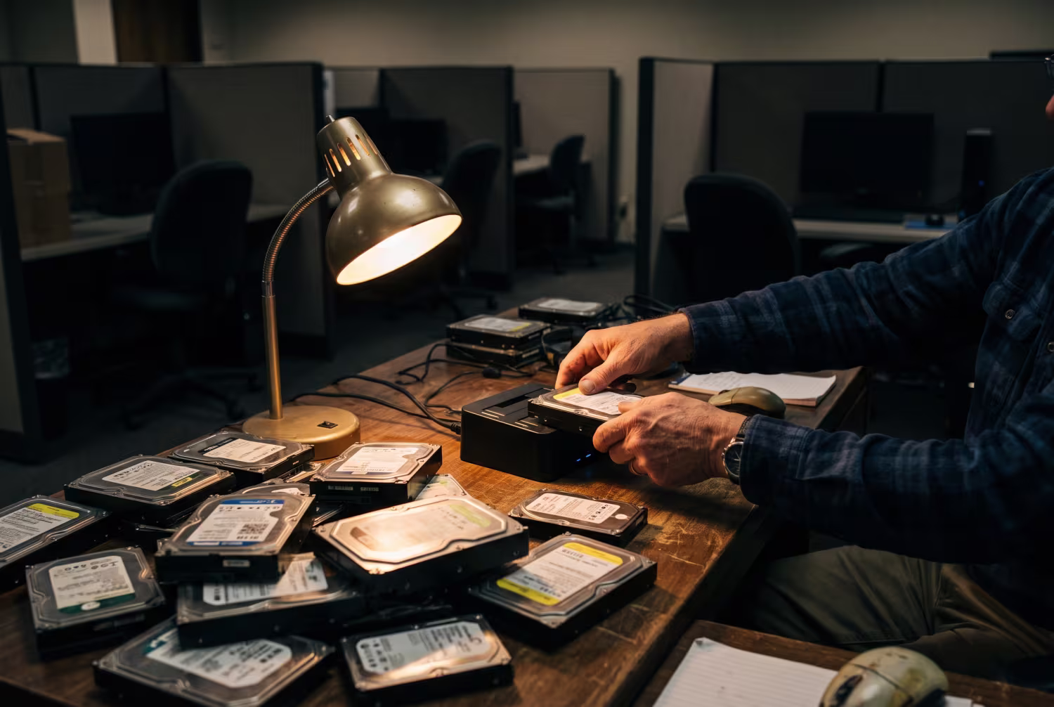 Worker attaching hard drive to docking station after hours