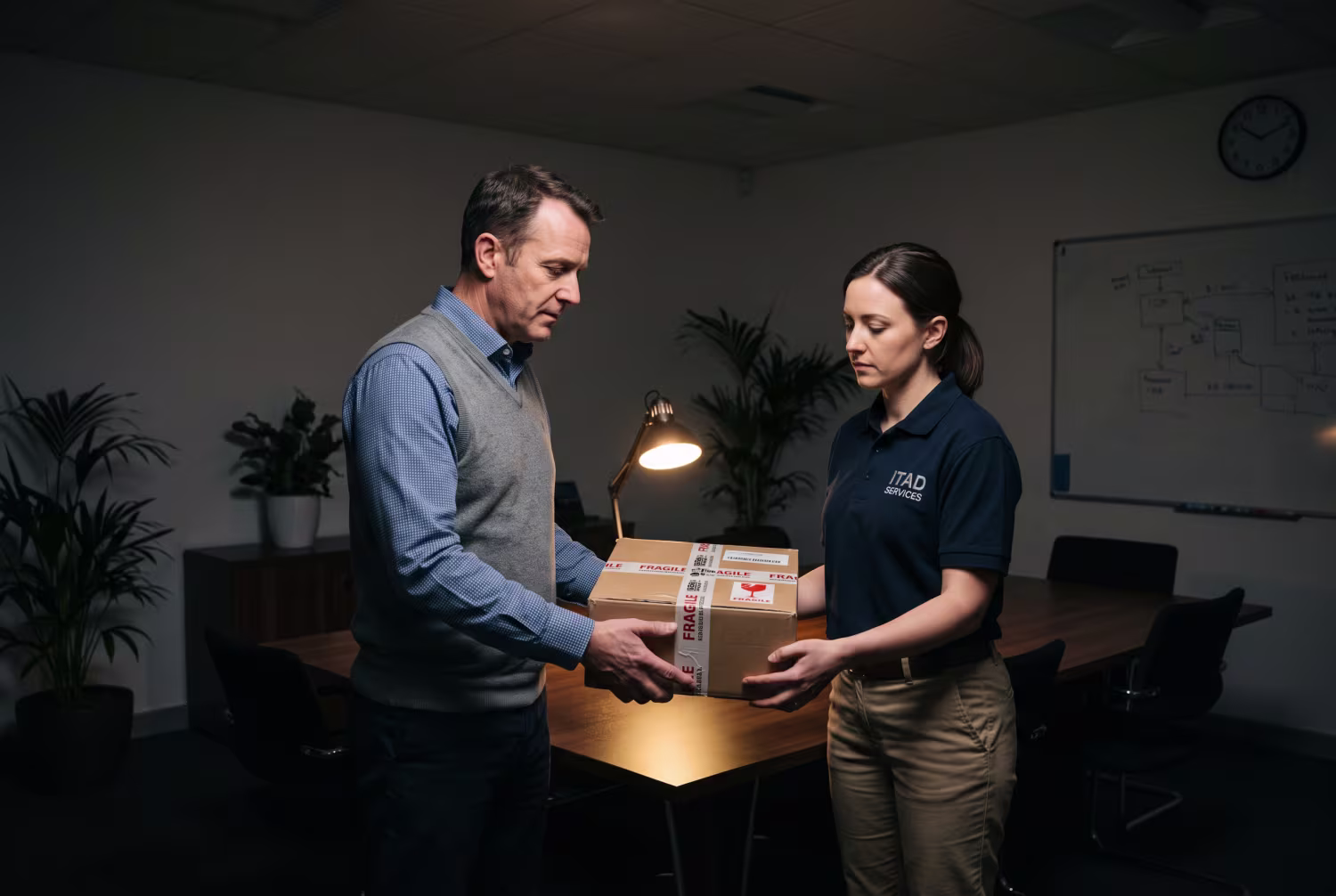 IT manager handing over old hard drives to ITAD technician in conference room