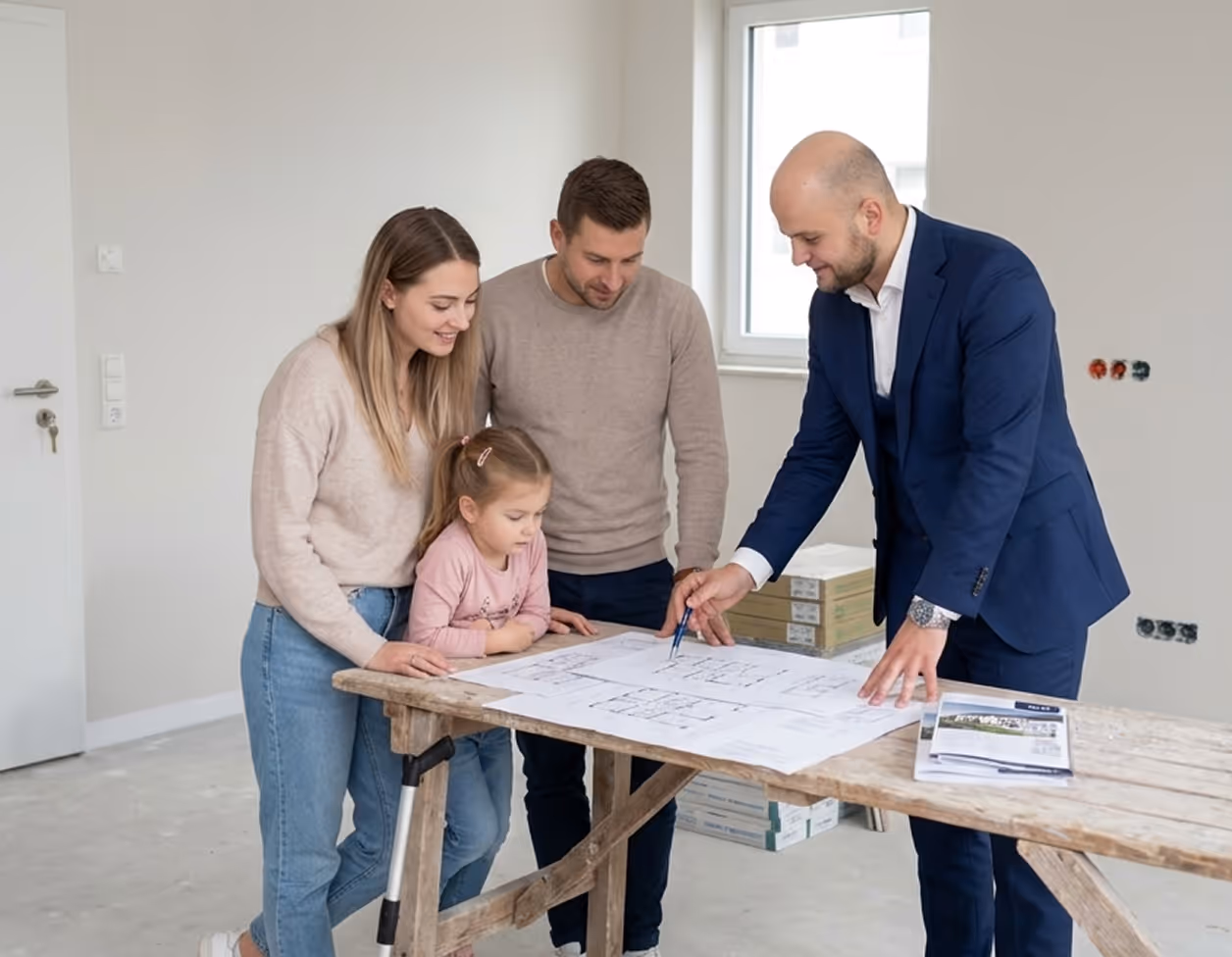 Ein Mann in blauem Anzug erklärt einer jungen Familie mit Kind Grundrisspläne in einem Büro.