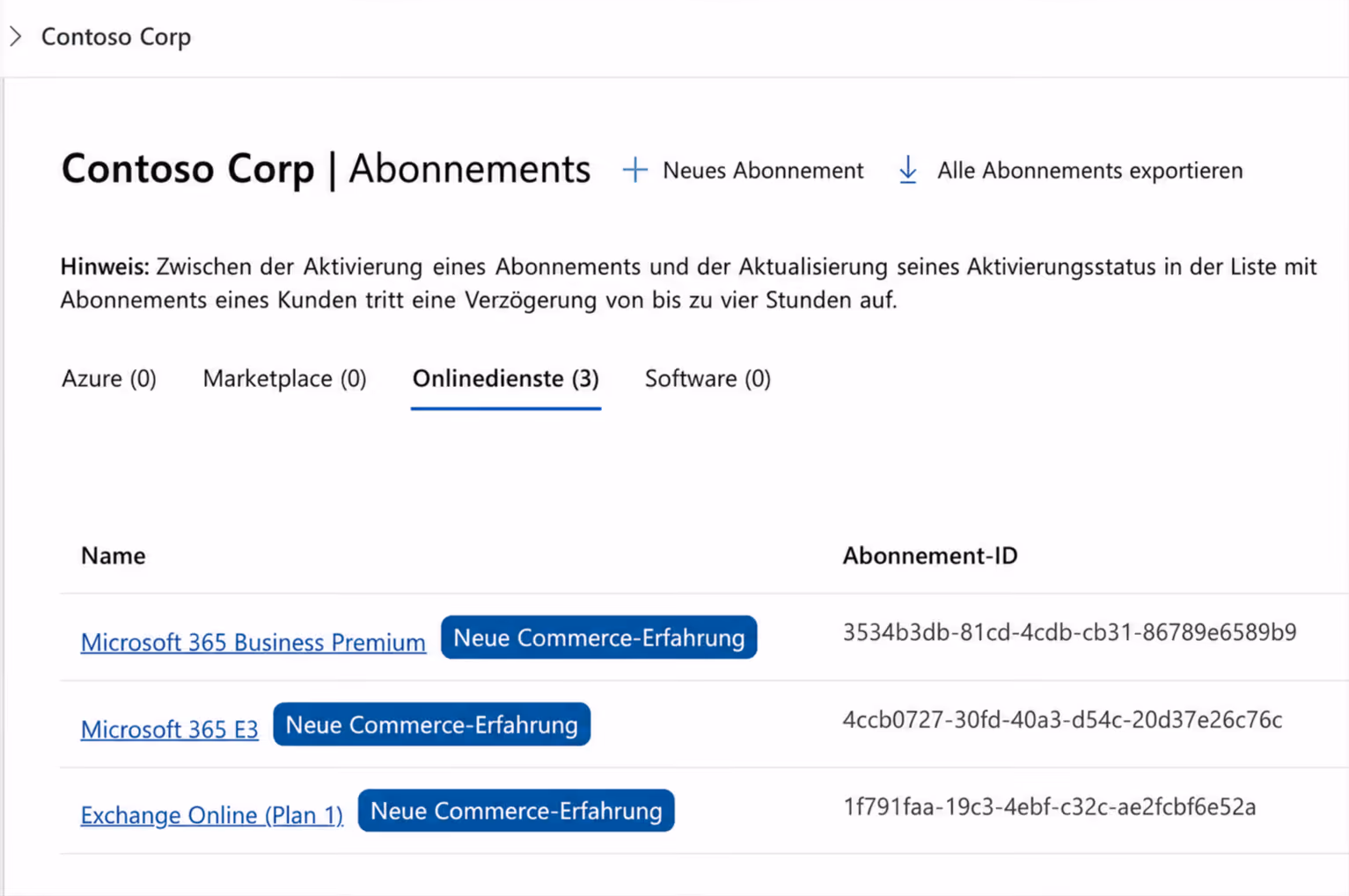 Contoso Corp subscription page showing three online services with product names and subscription IDs.