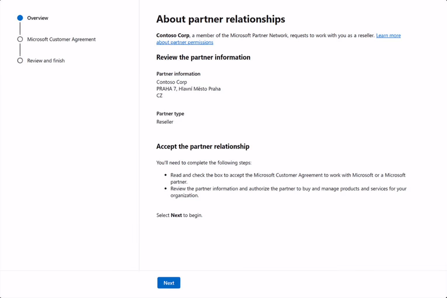 Microsoft partner relationship overview page showing Contoso Corp's information and reseller request with steps to accept.