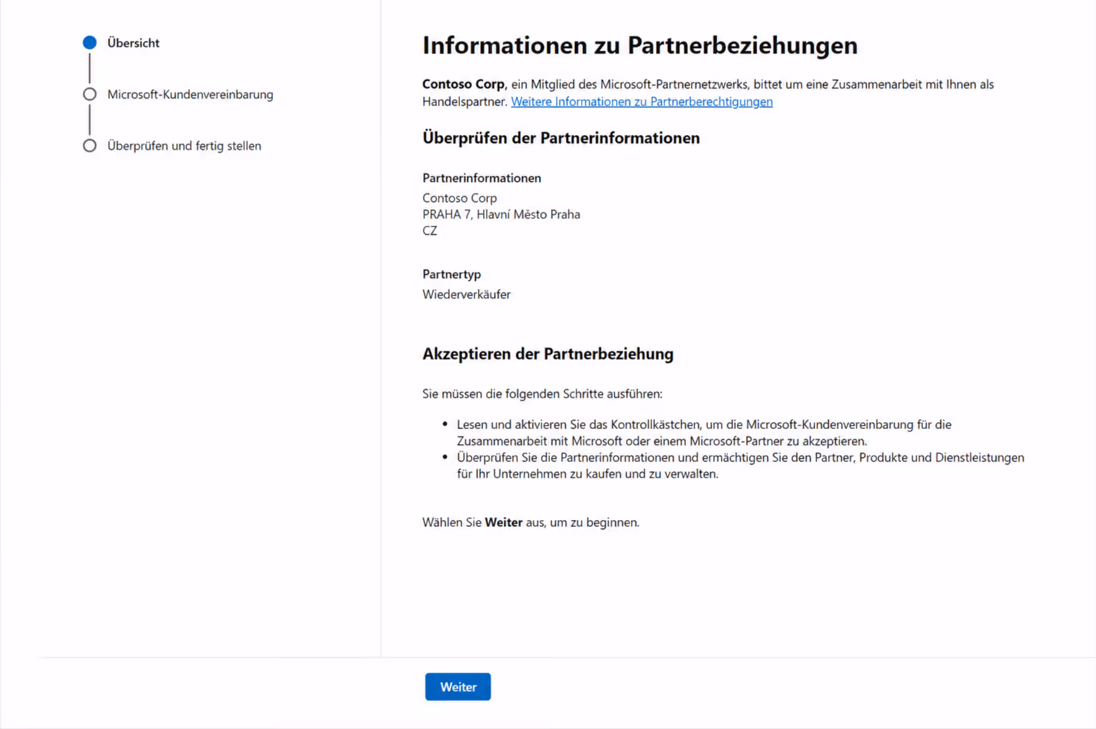 German partnership information screen for Contoso Corp asking to accept terms and review partner details.