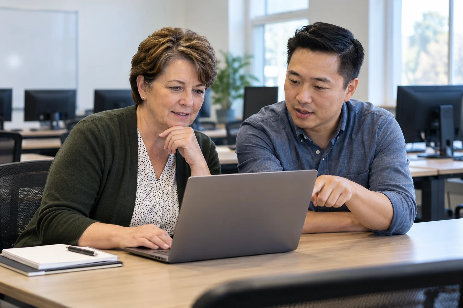 Two instructors reviewing a training platform setup together.