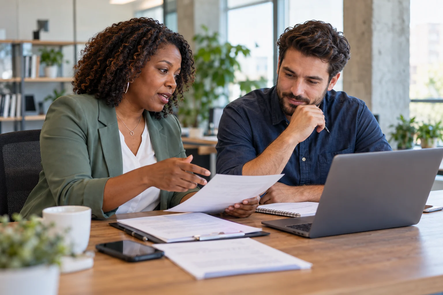 Two training professionals planning a virtual IT lab migration at a laptop.