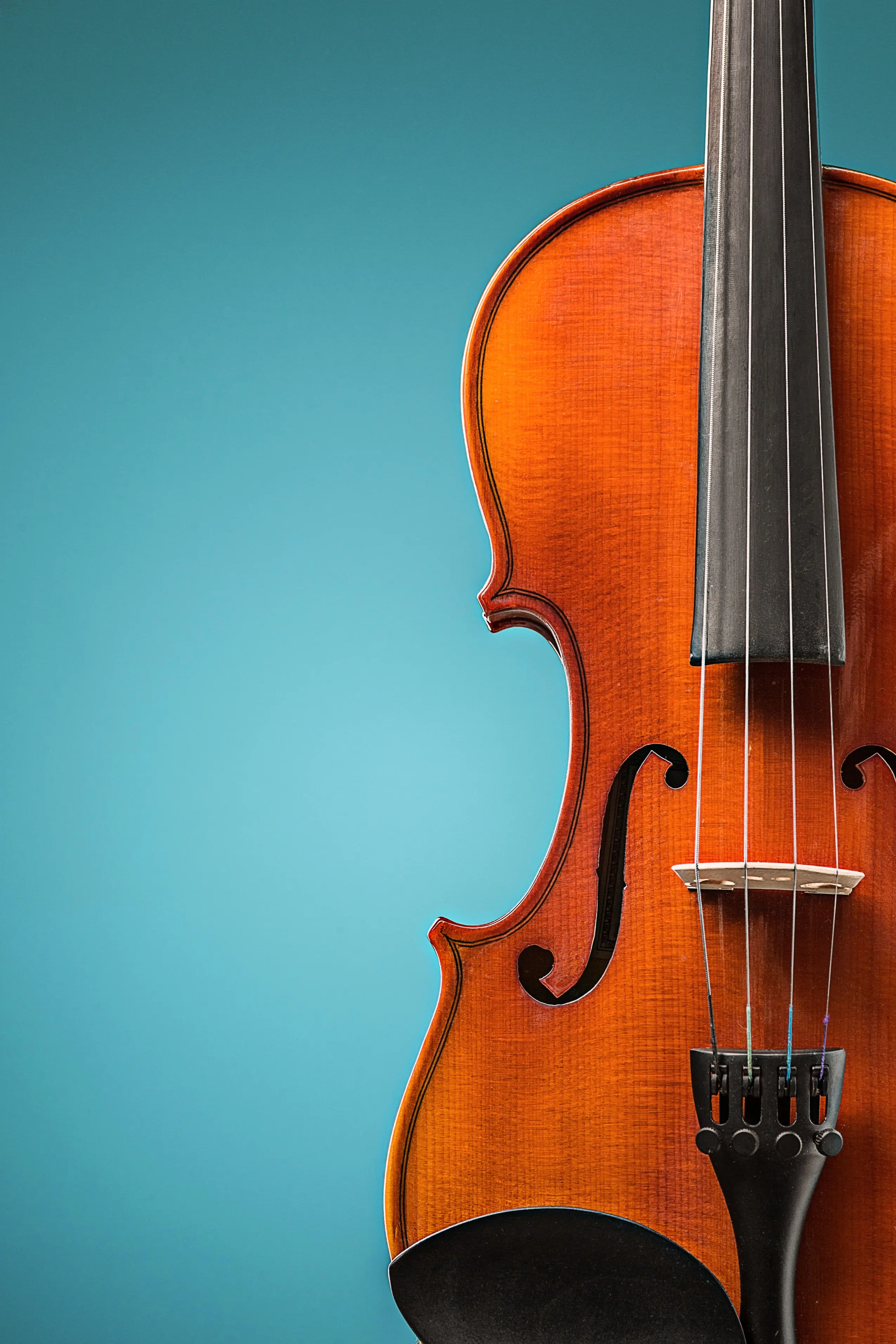 Close-up of the right half of a wooden violin with strings against a blue background.