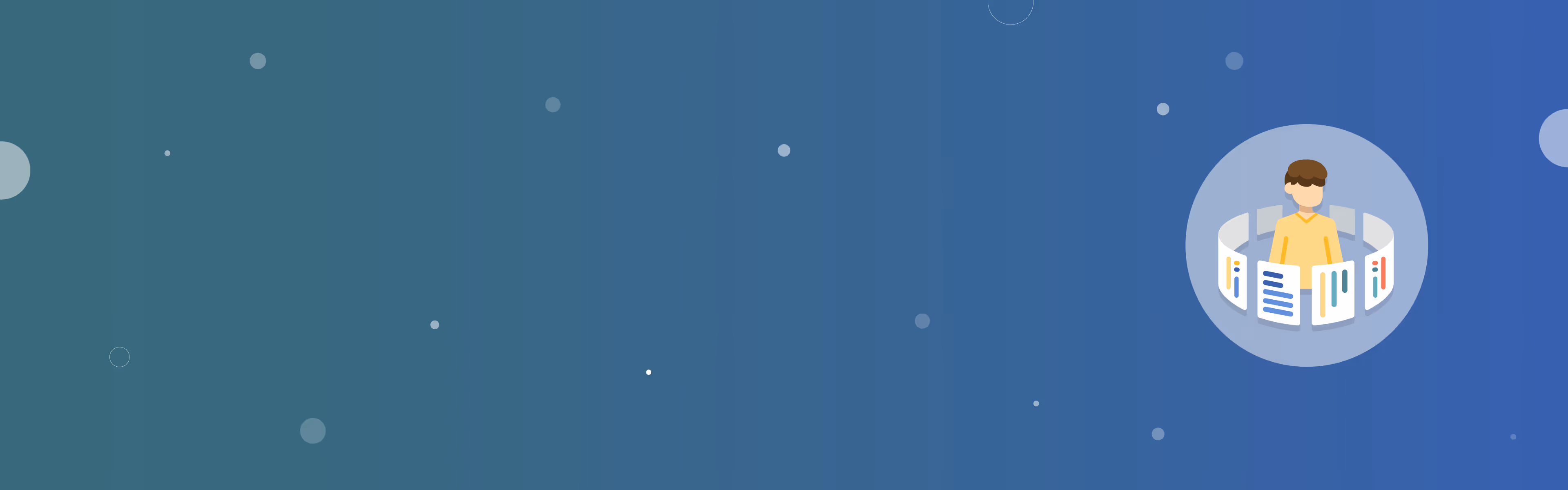 Illustratie van persoon die omringd is door cirkel van data- en informatiepanelen, op een blauwe achtergrond.