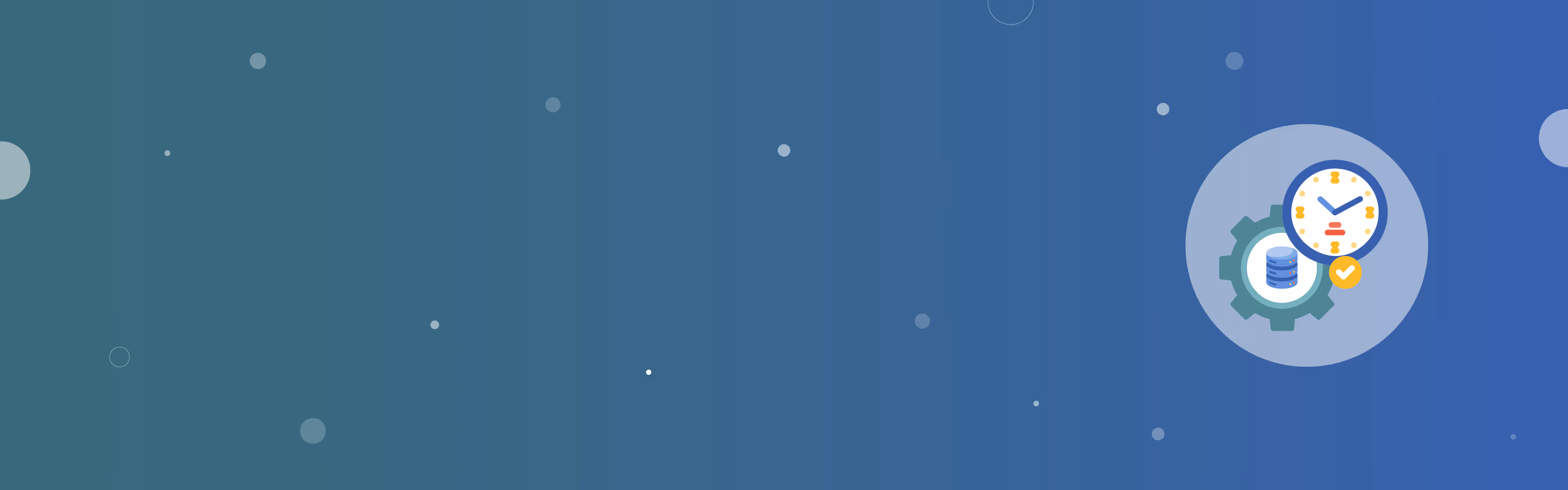 Illustratie van een tandwiel met een database-icoon en een klok met een vinkje, wat realtime gegevensbeheer symboliseert.