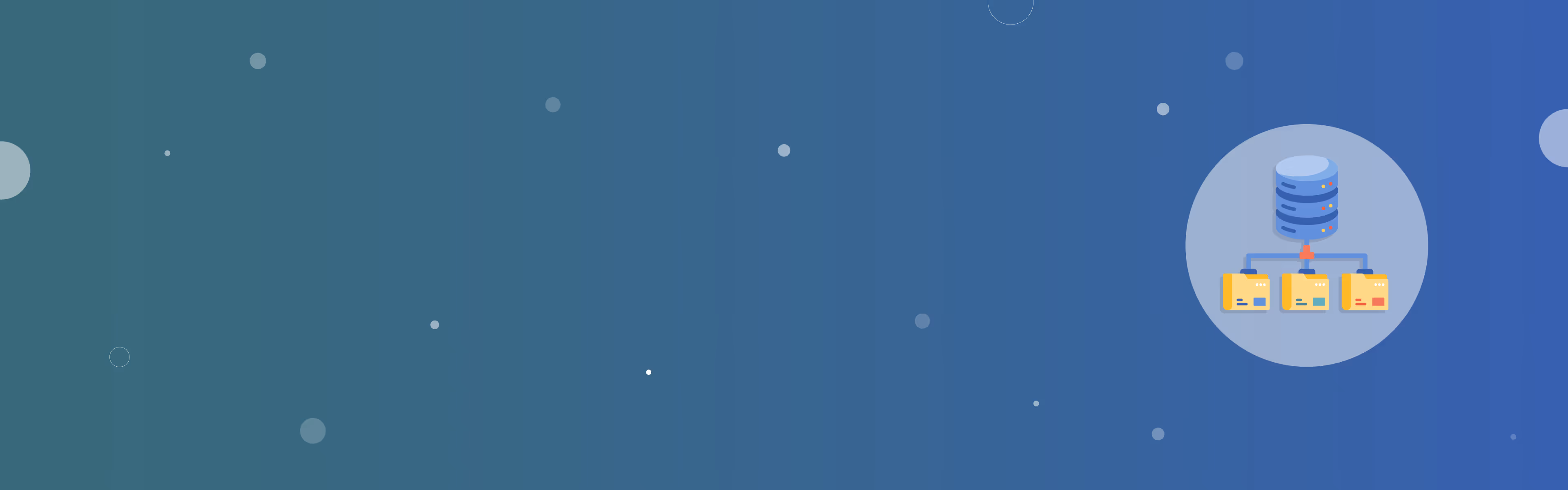 Illustratie van een server verbonden met drie geelgekleurde map-iconen op een blauwe achtergrond