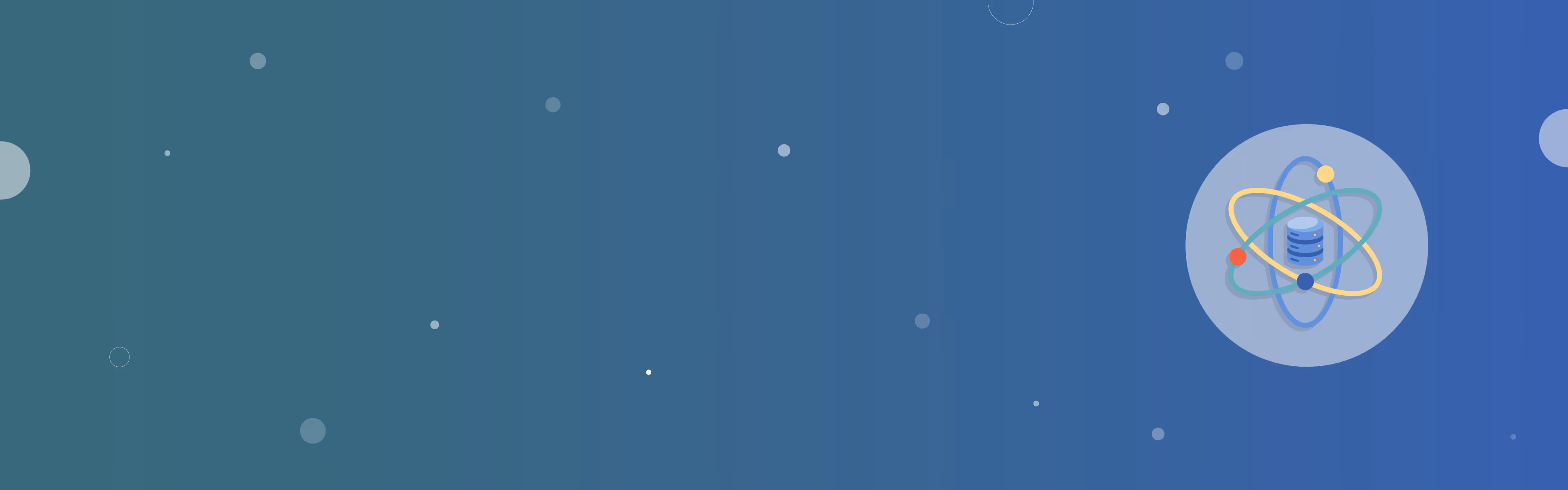 Abstract blauwe achtergrond met verschillende graden van blauwe tinten en een databasissymbool omringd door atoomachtige banen.
