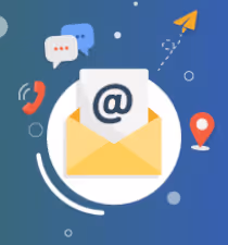 Open envelop met een e-mail symbool en pictogrammen van telefoon, chatballonnen, papier vliegtuig en locatiepictogram op een blauwe achtergrond.