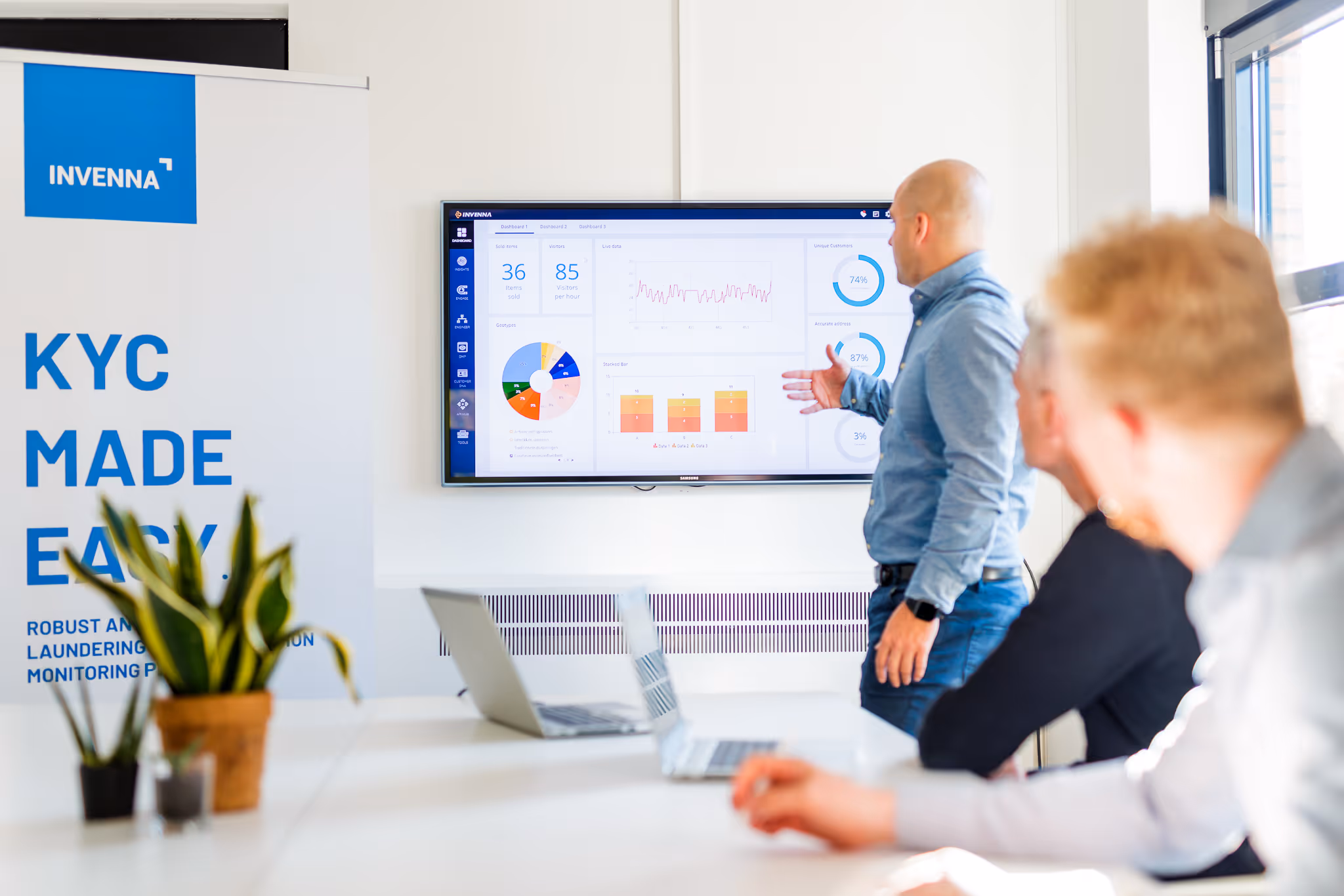 Man presenteert grafieken en gegevens op een scherm aan collega's in een vergaderruimte.