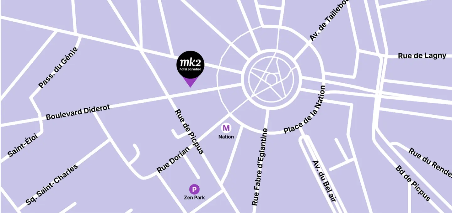Extrait de plan lilas repérant mk2 Hôtel Paradiso à proximité du rond-point de la place de la Nation