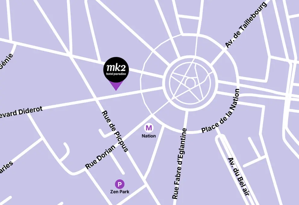 Extrait de plan lilas repérant mk2 Hôtel Paradiso à proximité du rond-point de la place de la Nation