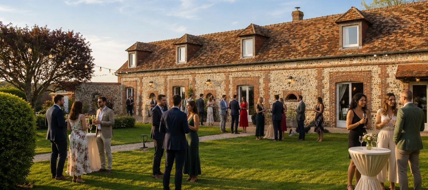 Cocktail de mariage en soirée sur la pelouse d'un corps de ferme en pierre et brique, avec invités élégants et guirlandes lumineuses