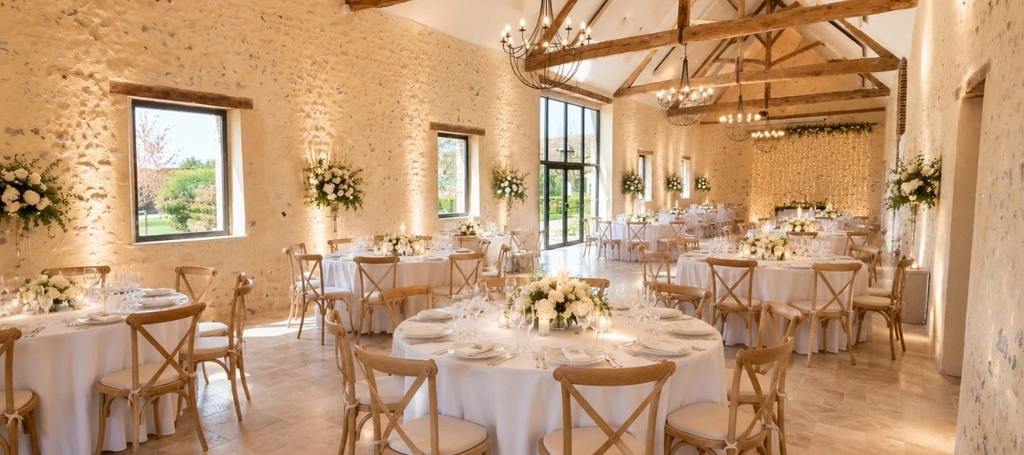 Salle de mariage en grange en pierre avec poutres apparentes, lustres en fer forgé, tables rondes blanches et grandes compositions florales blanches