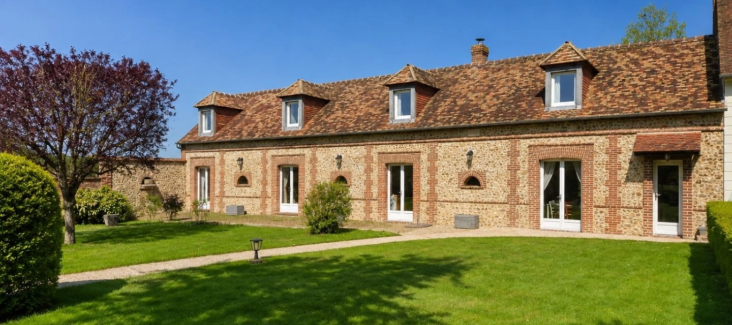 Corps de ferme normand en pierre et brique avec lucarnes et arbre à feuilles pourpres, entouré d'une pelouse verdoyante sous ciel bleu