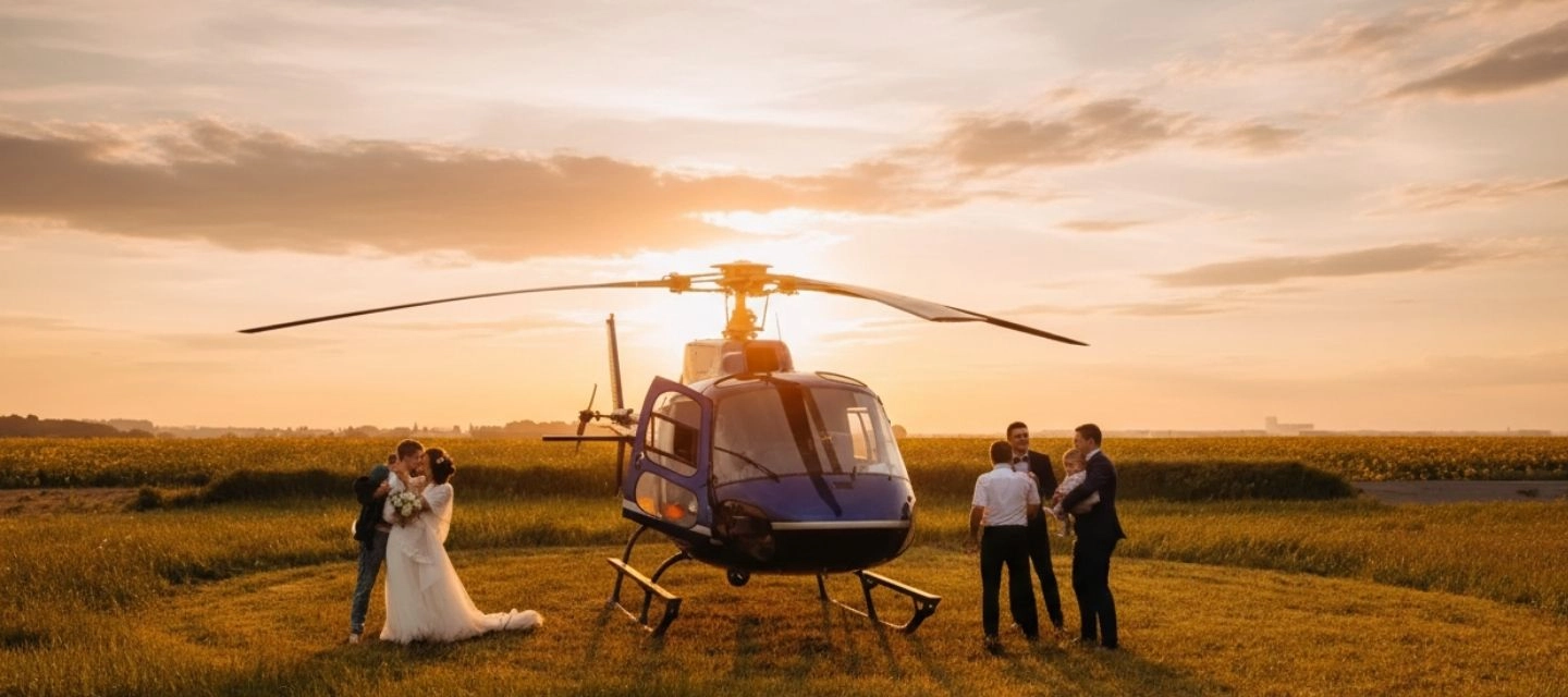 Couple de mariés s'embrassant devant un hélicoptère dans un champ au coucher du soleil