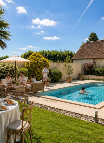 Groupe de personnes profitant d'une piscine extérieure ensoleillée avec salon de jardin, table dressée et végétation luxuriante