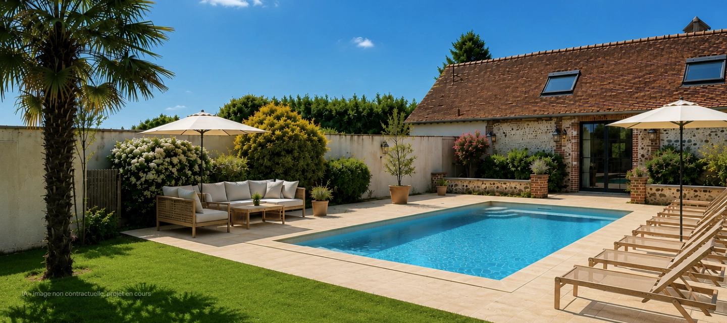 Piscine extérieure avec chaises longues, salon de jardin et parasols blancs, entourée de végétation et d'un bâtiment en pierre sous ciel bleu