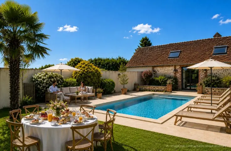 Terrasse de piscine avec table dressée, chaises longues et salon de jardin, entourée de végétation et d'un bâtiment en pierre sous ciel bleu