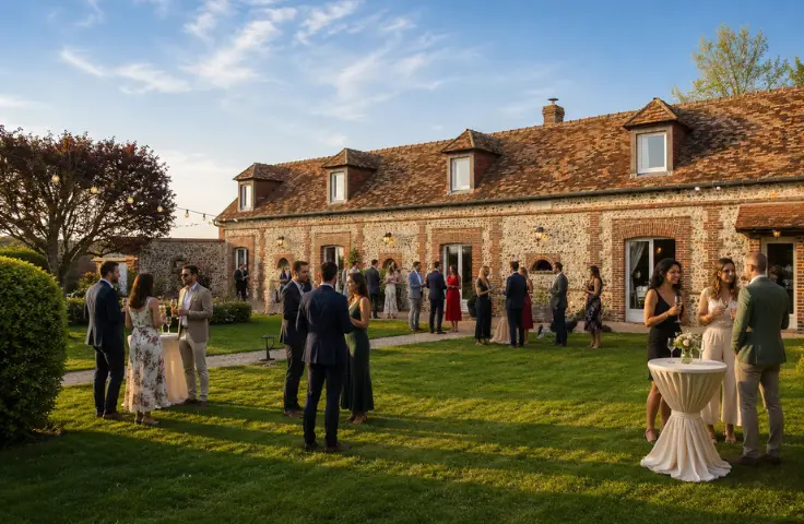Cocktail en soirée sur la pelouse devant une maison en pierre et brique, avec invités élégants et guirlandes lumineuses au coucher du soleil