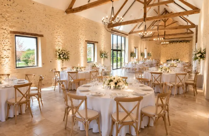 Intérieur de grange rénovée en salle de réception de mariage, avec murs en pierre, poutres apparentes, tables rondes blanches et fleurs blanches