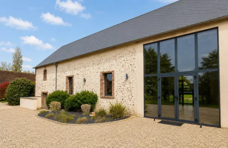 Entrée d'une grange en pierre rénovée avec grande verrière anthracite, allée en gravier et arbustes paysagés