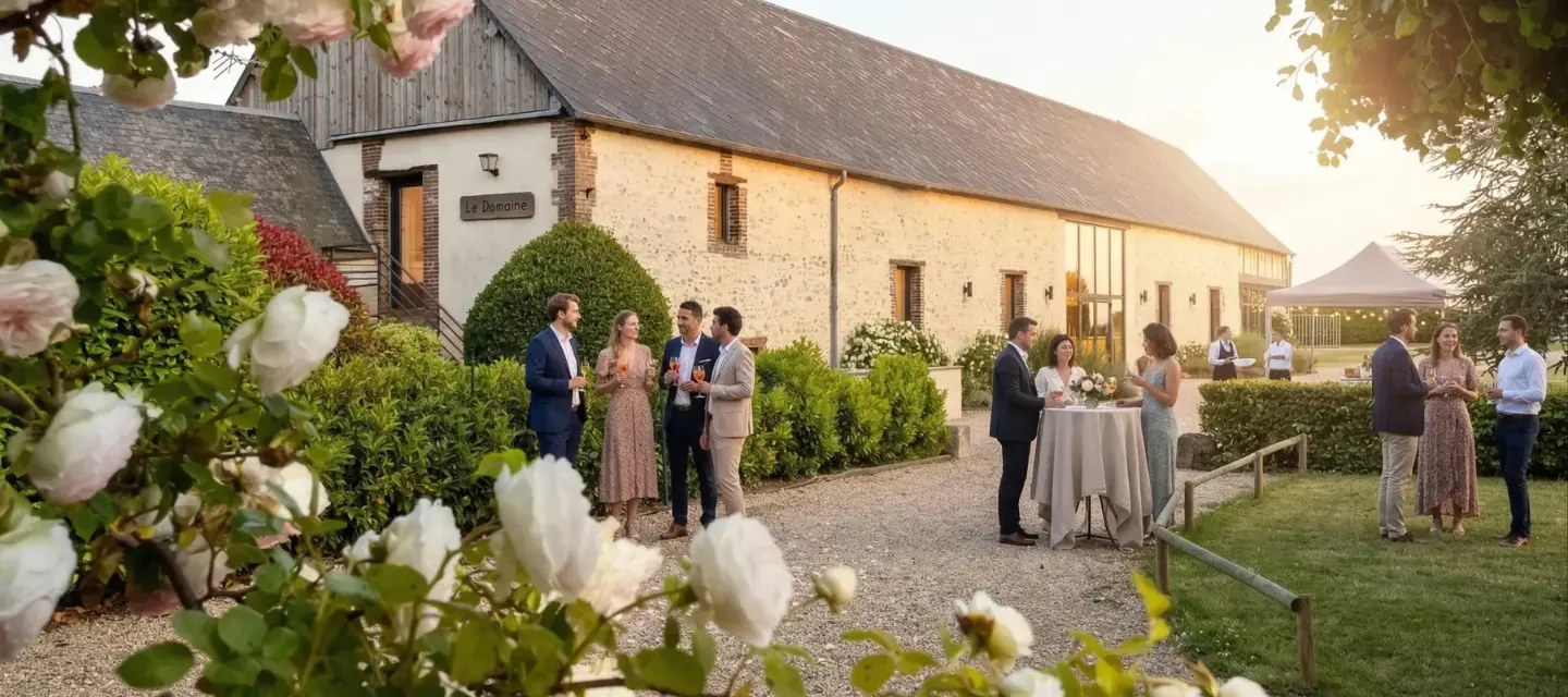 Cocktail en soirée devant la grange en pierre du Domaine, avec invités élégants, rosiers en fleurs et lumière dorée du coucher du soleil